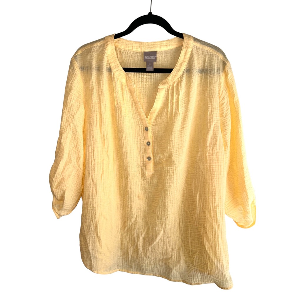 Chicos Yellow Gauzy Textured Tunic Top 3/4 Sleeve Pintuck V-Neck Size 3 XL